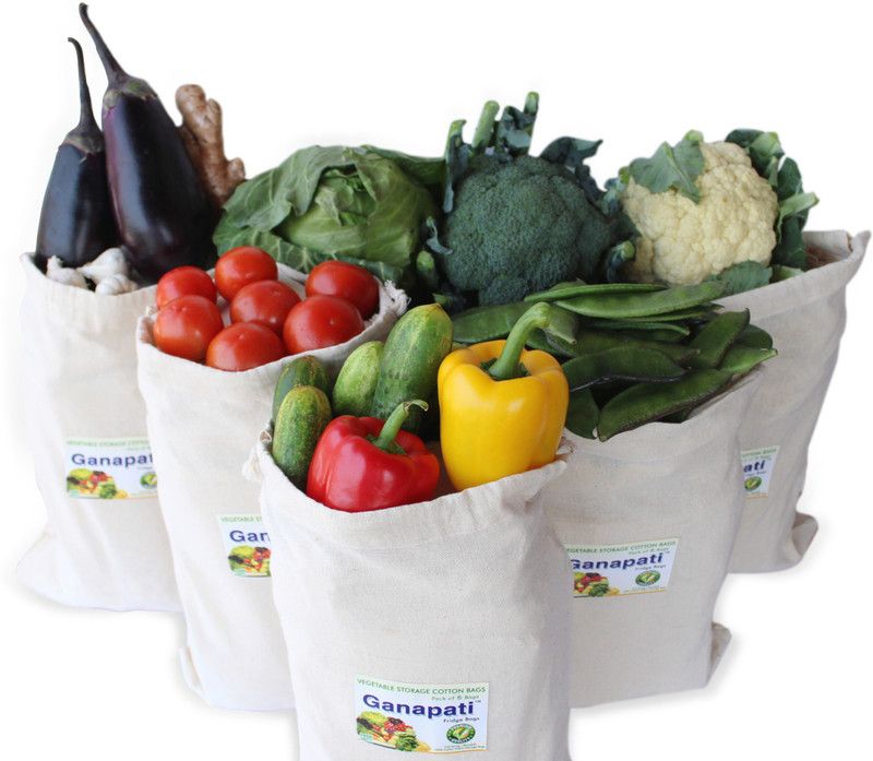 Ganapati Premium Fridge 100% Cotton Bag for Vegetables & Fruits Storage Organizer Reusable Multipurpose Washable Eco-Friendly Pack of 6 Large Size Grocery Bags Pack of 6 Grocery Bags  (Beige)
