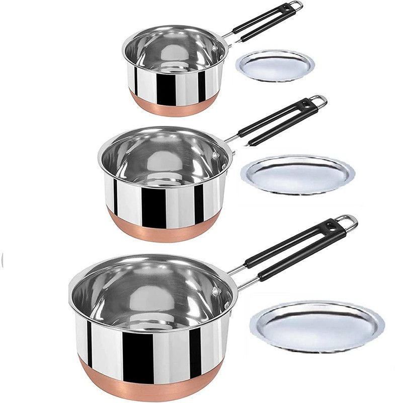 CUERARPO Copper Bottom Sauce Pan stainless steel sauce pan set of 3 piece Sauce Pan Induction Bottom Cookware Set  (Stainless Steel, 6 - Piece)