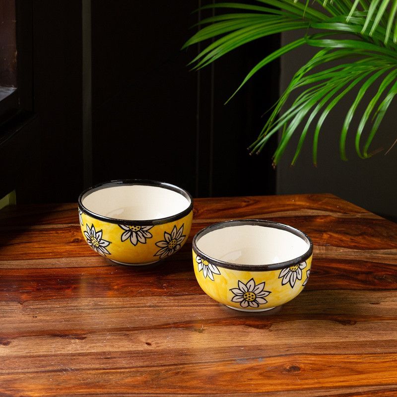 ExclusiveLane Ceramic Serving Bowl 'Californian Sunflowers' Handpainted  (Pack of 2, Yellow, White)