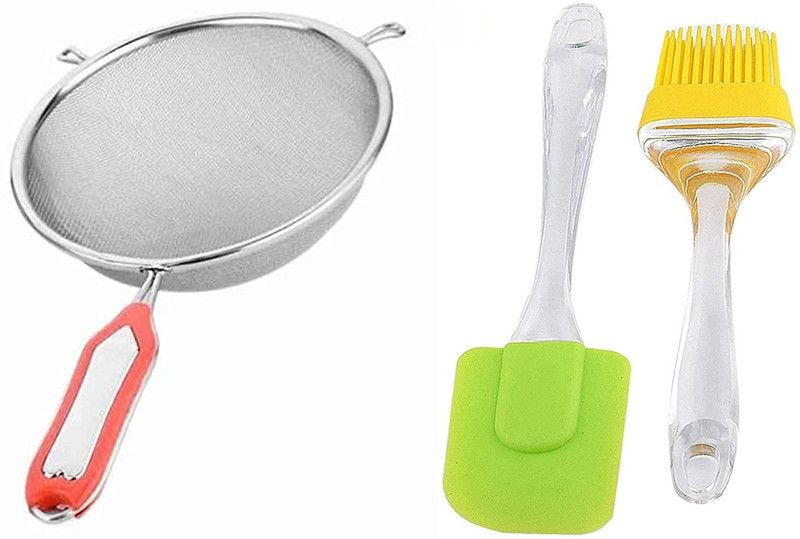 Gildan Kitchen-Set Kitchen Combo Big Spatula and Oil Brush Set with Stainless Steel Juice Strainer Kitchen Tool Set  (Strainer, Spatula, Brush)