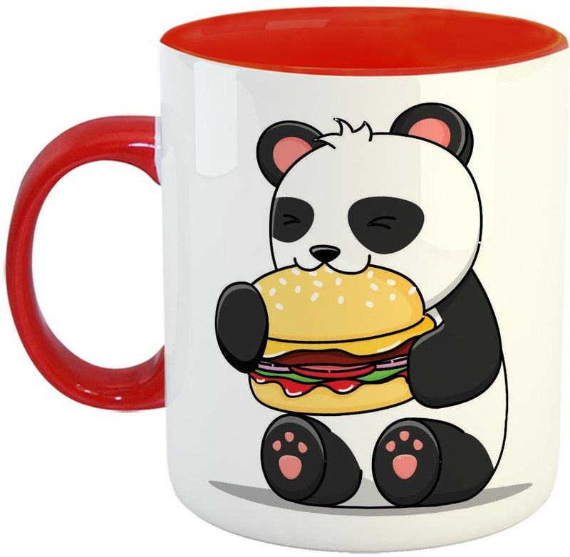 Furnish Fantasy Panda eating burger Ceramic Coffee - Best Birthday Gift For Boys, Girls, Kids, Return Gifts - Color - Red (0802) Ceramic Coffee Mug  (350 ml)