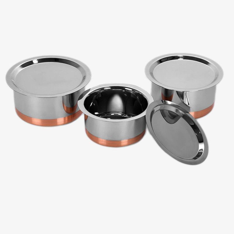 Neerdhar Copper Base Tope & Lid Stainless Steel Cookware Tope Set with Lid 0.9 L, 1.4 L, 0.5 L capacity 16 cm diameter  (Stainless Steel)