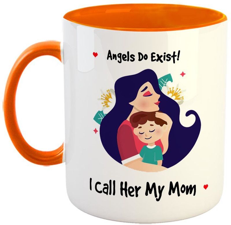 FABTODAY Angels Do Exist ! I call her My Mom Coffee - Best Gift for Mom on Birthday / Mother's Day - Color - Orange Ceramic Coffee Mug  (350 ml)
