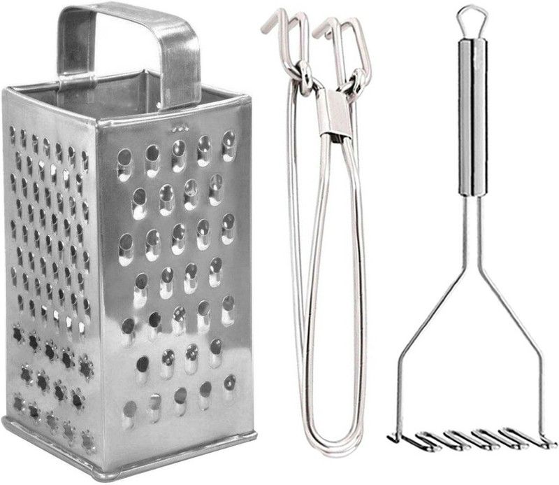 JISUN Stainless Steel 4 in 1 Slicer and Grater & Utility Pakkad & Potato Masher For Kitchen Tool Set  (Silver, Grater, Tong, Masher)