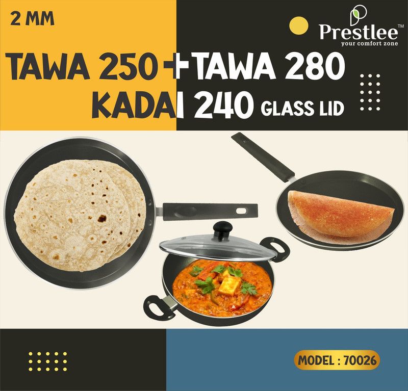 Sabari Prestle PNFT-70026 Non-Stick Coated Cookware Set/Flat Dosa Tawa/Kadai Set Tawa 24 cm diameter  (Aluminium, Non-stick)