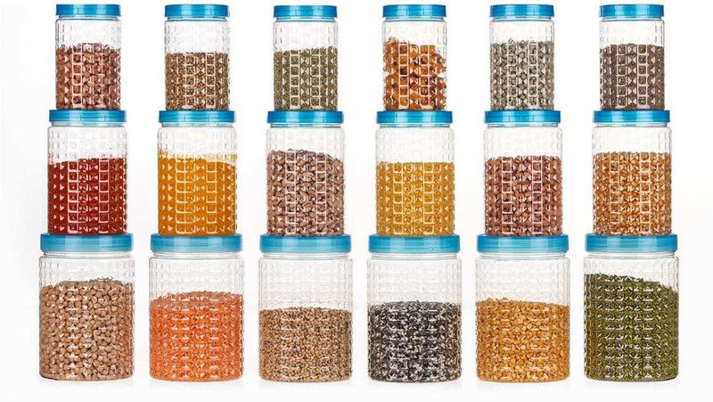 MACHAGNA BLUE Color HEXAGONALShape PlasticContainer (SET OF 18-1200,650,350ml) - 1200 ml, 650 ml, 350 ml Plastic Cereal Dispenser  (Pack of 18, Blue)