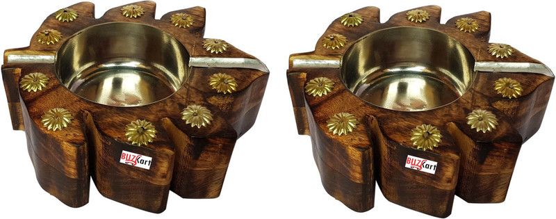BuzyKart Antique Look Hand Carved Ashtrays With Leaf Design (Set Of 2) Brown Wood Ashtray  (Pack of 2)