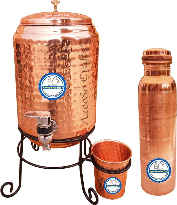 AzeeSo Crafts 5 Liter Hammered Copper Water Dispenser Pot Container with 1L Bottle & Glass Bottom Loading Water Dispenser
