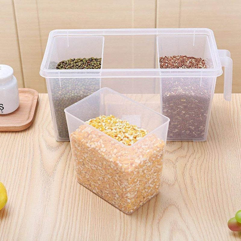 RIVAANSH Refrigerator Organizer Container Square Handle Food Storage Organizer Container - Clear with Lid, Handle and With 3 Smaller Bins (Pack of 1) - Plastic Tea Coffee & Sugar Container ( White Transparent ) - 3 L Plastic Fridge Container  (Clear)