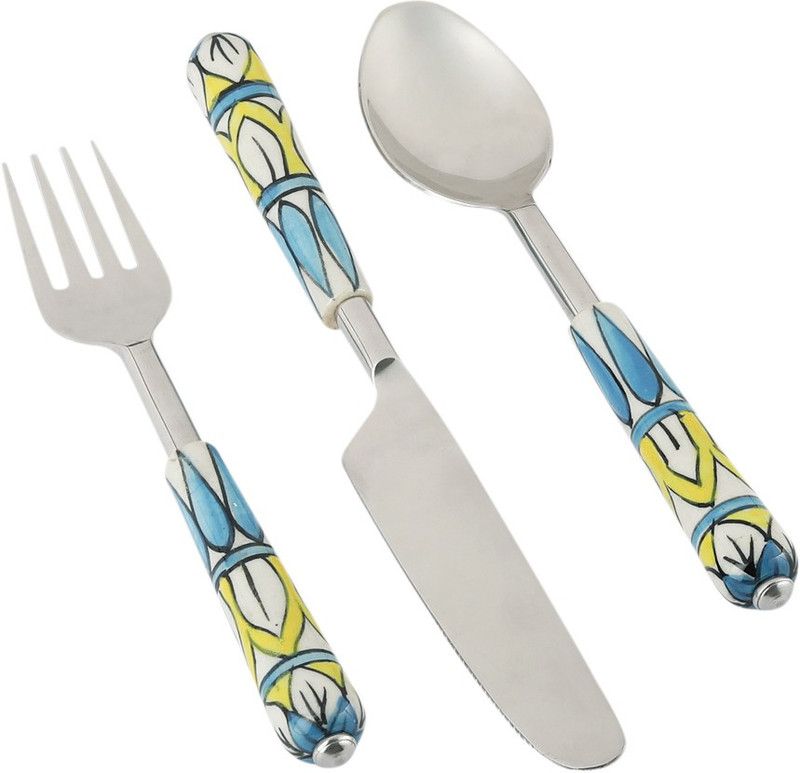 VarEesha Blue Yellow Handle Steel Spoon, Knife and Fork Cutlery Ceramic Cutlery Set  (Pack of 3)