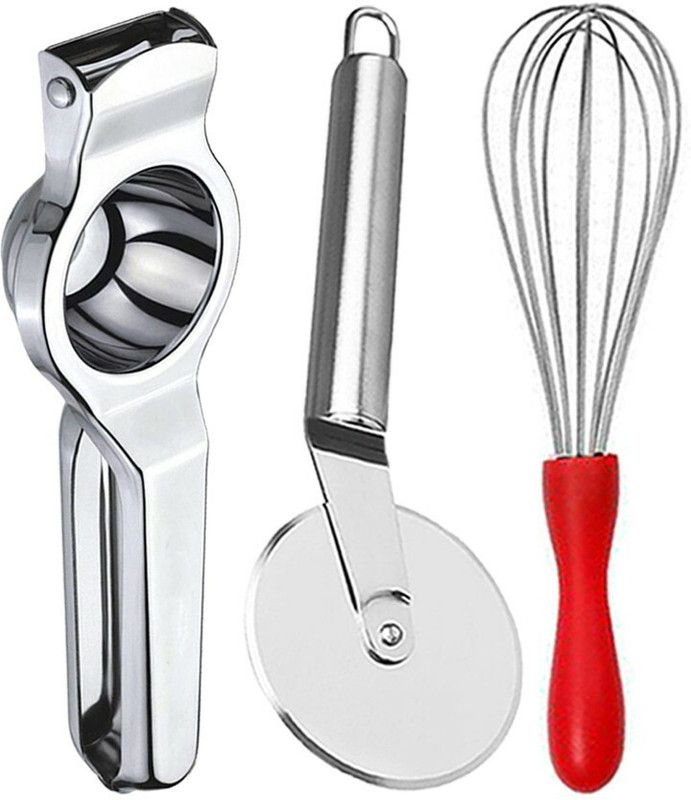 yhp Stainless Steel Lemon Squeezer & Pizza Cutter & Egg Whisk Kitchen Tool Set  (Silver)