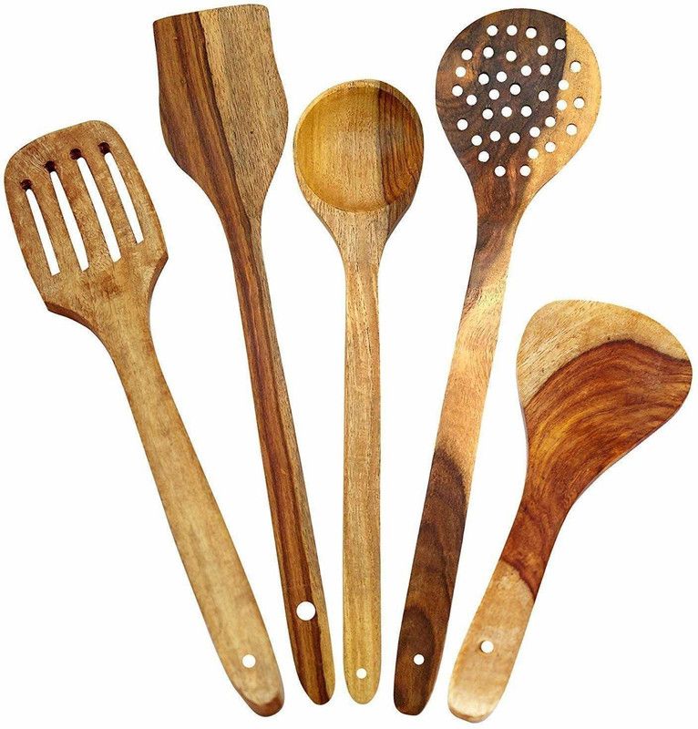 Sonanshi Set of 5 Wooden Spatulas, Ladles Mixing and Turning Wooden Spoon Kitchen Tool Set  (Wood, Baking Tools, Cooking Spoon, Ladle, Skimmer)