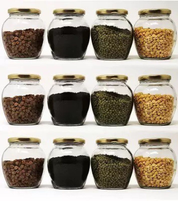 ShoppeeHouse Glass, Steel Cookie Jar - 250 ml  (Pack of 12, Gold)