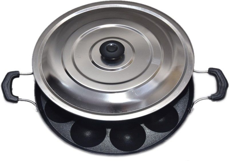 TRIONE Non-Stick Heavy Duty 12 Cavity Appam Patra Paniyarakkal Two Side Handle with Steel lid & Wooden Picker NA Pan 22 cm diameter with Lid 20 L capacity  (Aluminium, Non-stick, Induction Bottom)