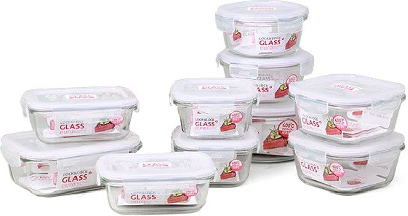 LOCK & LOCK Glass Grocery Container - 500 ml, 300 ml, 950 ml, 630 ml, 380 ml  (Pack of 10, Clear)