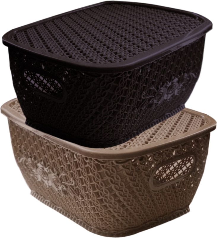 KUBER INDUSTRIES Plastic Plastic 2 Pieces Medium Size Multipurpose Solitaire Storage Basket for Kitchen, Office, Bedroom, Bath Room with Lid (Brown & Coffee) Storage Basket  (Pack of 2)