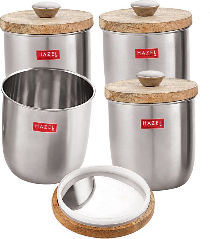 HAZEL Round Stainless Steel Jar Storage Canister Container With Wooden Lid & Knob Set of 4 - 1325 ml Steel, Wooden Grocery Container  (Pack of 4, Silver)