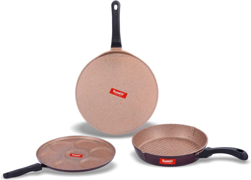 Sumeet Nonstick Granite Finish PRIVA cookwrae Set ( Multi Snack Maker - 7 Cavity - 26.5cm Dia + Tawa 30.5cm Dia + Round Grill Pan 25.5cm Dia ) Non-Stick Coated Cookware Set  (Aluminium, 3 - Piece)