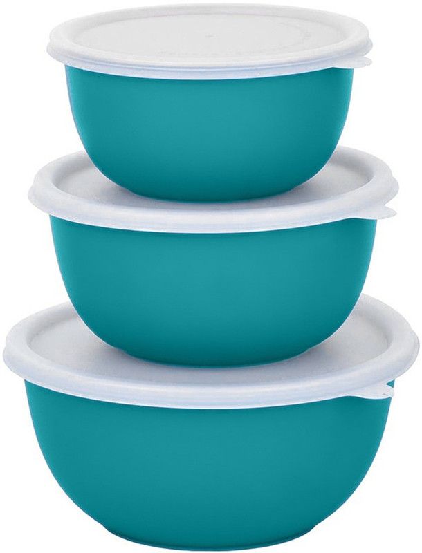 Zaib Steel Storage Bowl turquoise bowl set of 3 Microwave Safe Plastic Coated Euro Bowls with LID Stainless Steel, Polypropylene Serving Bowl (turquoise, White, Pack of 3)  (Pack of 3, Green)