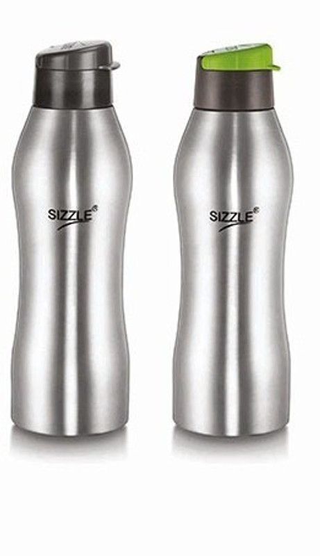 Sizzle Stainless Steel Fridge Water Bottle, 650 ml, Green & Grey, Set of 2 650 ml Bottle  (Pack of 2, Green, Grey, Steel)