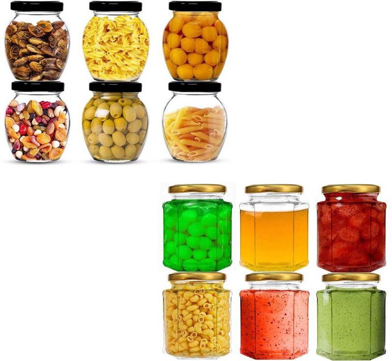 MOOZICO Glass Grocery Container - 355 ml, 250 ml  (Pack of 12, Black, Gold)