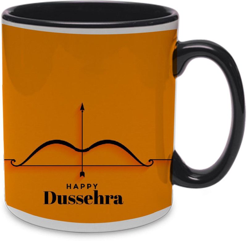 COLOR YARD happy dussehra with yellow background on black inner hadle mug design on Ceramic Coffee Mug  (320 ml)