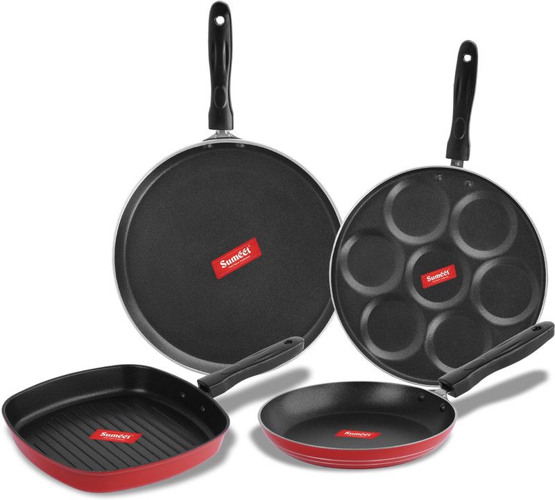 Sumeet Merah Non Stick Cookware Set of 2.6mm Thick (Dosa Tawa – 26.5cm Dia + Multi snack maker – 26.5cm Dia + Grill Pan – 1.1Ltr Capacity – 22cm Dia + Tapper pan – 20cm Dia) Non-Stick Coated Cookware Set  (Aluminium, 4 - Piece)