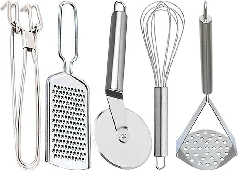 X45 Pakkad & Cheese Grater & Pizza Cutter & Egg Whisk & Potato Masher Kitchen Tool Set  (Silver)