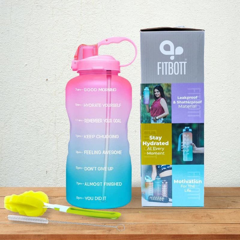 FITBOTT Sports Water Bottle with Time Markings & Bottle & Straw Cleaning Brush Blue-Pink 2000 ml Bottle  (Pack of 1, Pink, Blue, Tritan)