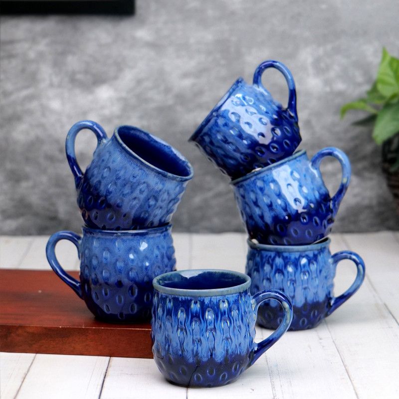 VarEesha Blue Ombre Hand Painted Ceramic Tea Cups Set of Six Ceramic Coffee Mug  (150 ml, Pack of 6)
