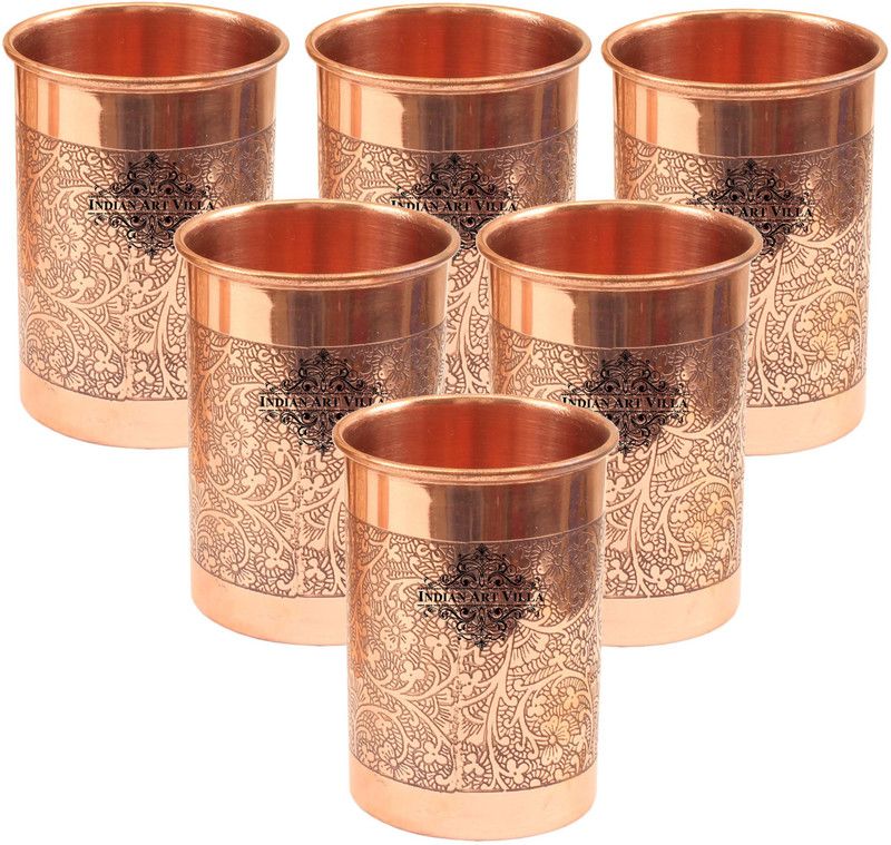 IndianArtVilla Set of Designer Copper Glass, Drinkware Glass Water/Juice Glass  (300 ml, Copper, Brown)