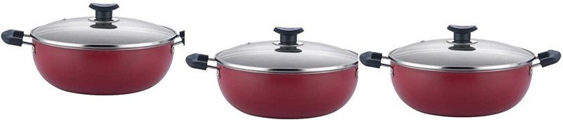 Filfora Non-Stick Deep Kadai with Glass Lid Non-Stick Coated Cookware Set  (PTFE (Non-stick), 3 - Piece)