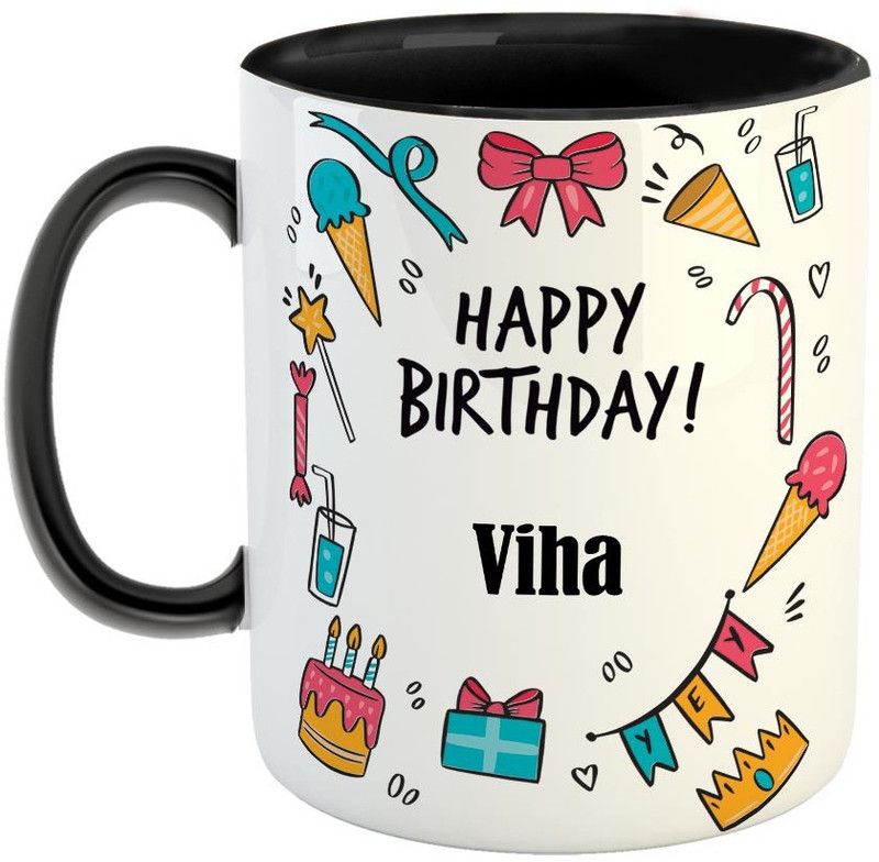 Furnish Fantasy Best Personalised Gift for Birthday, Color - Black, Name - Viha Ceramic Coffee Mug  (350 ml)
