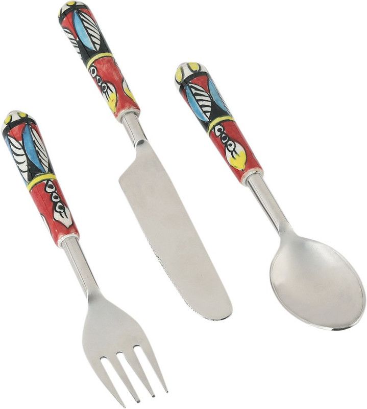 VarEesha Red Black Handle Steel Spoon, Knife and Fork Cutlery Ceramic Cutlery Set  (Pack of 3)