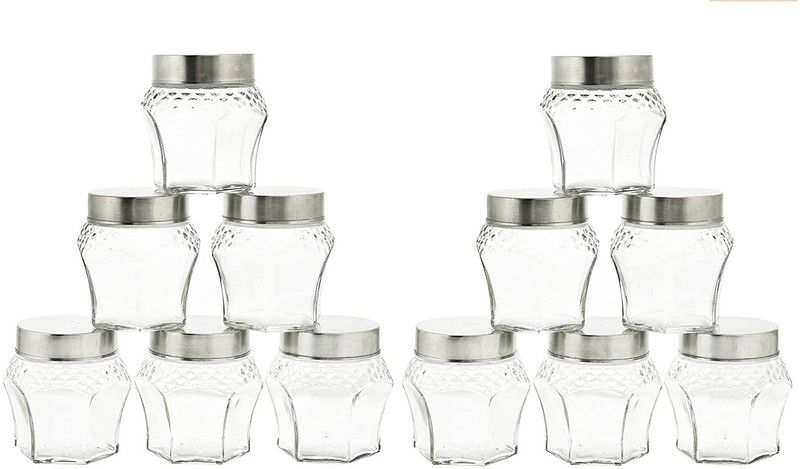 Machak Crystal Kitchen Storage Glass Containers with Steel Lid, - 300 ml Glass Cereal Dispenser  (Pack of 12, Clear)