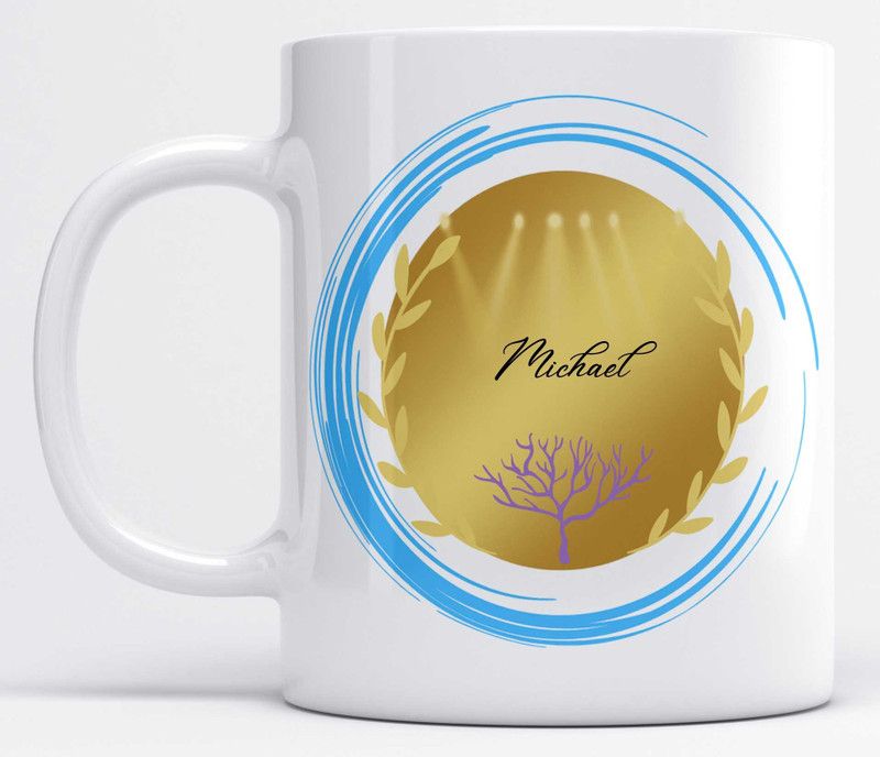 Name Michael Printed Blue Gold Circle Design Ceramic Coffee Mug  (350 ml)
