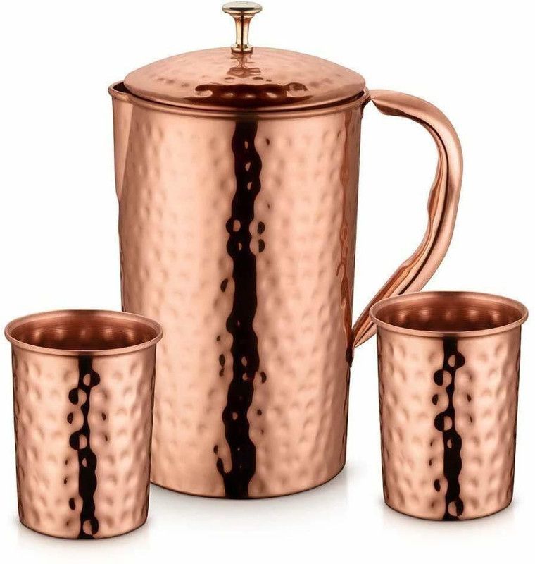 MAGGOT Hammered Copper Jug with 2 Glass (1500 ML of Jug, 250 ML of Each Glass) Jug Glass Set  (Copper)