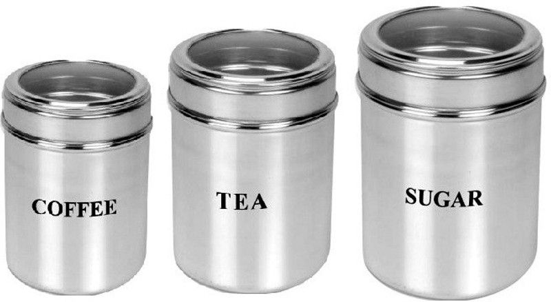 Dynore Set of 3 multisize Tea, Coffee and Sugar See through canisters 500 ml - 750 ml - 950 ml Steel Tea Coffee & Sugar Container  (Pack of 3, Silver)