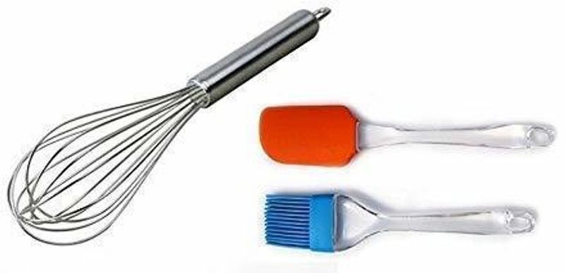 ANIKART kitchen_combo Steel Hand Blender Whisker Latte Maker for Milk Coffee Egg Cake Beater Juice for Cup Bowl (9 inch) Combo Pack with Silicone Brush Spatula (Big, 10 Inches) Kitchen Tool Set  (Spatula, Blender, Brush)