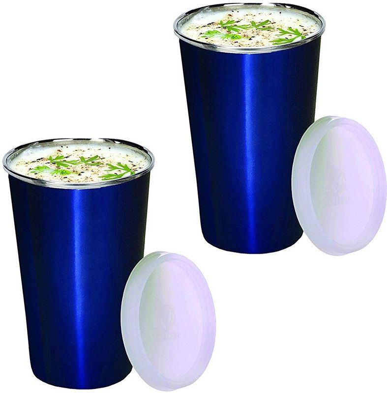 M7STORE (Pack of 2) Stainless Steel No Spill Glass With Extra Lid Blue Glass Set Water/Juice Glass  (300 ml, Steel, Blue)