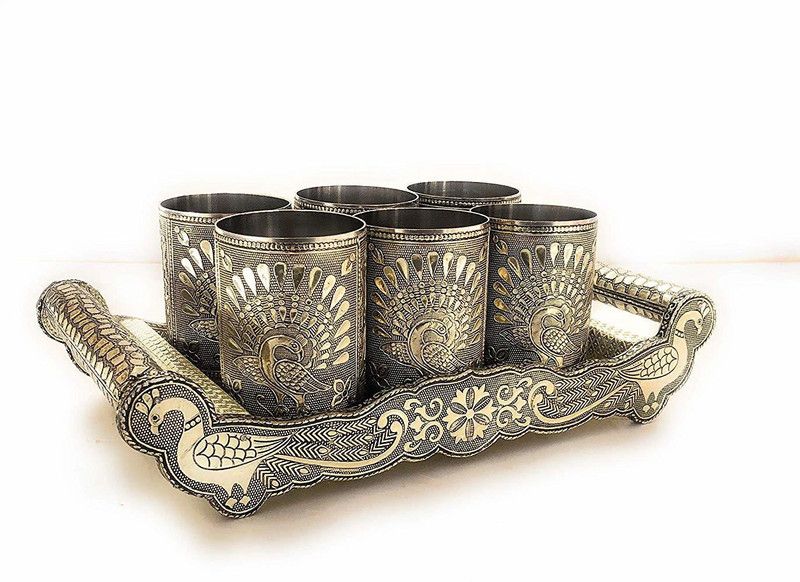 ROXA Oxidised Peacock Handicraft Glass Tray Set Glass Tray Set  (Steel, Aluminium & Wood)
