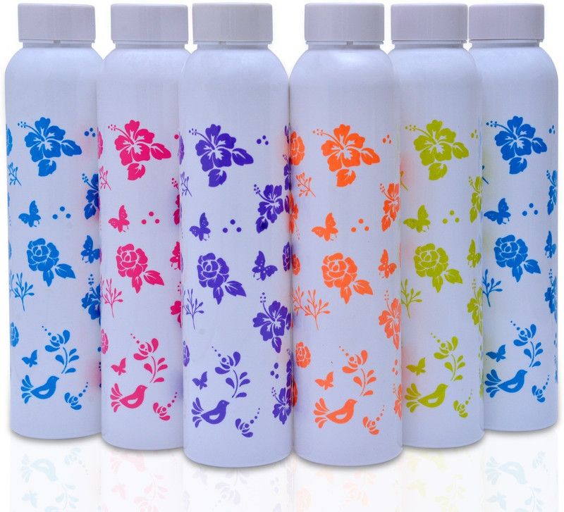 Flower Printed White Water Bottle for Fridge, for Home Office Gym School Boy 1000 ml Bottle  (Pack of 6, White, Plastic)