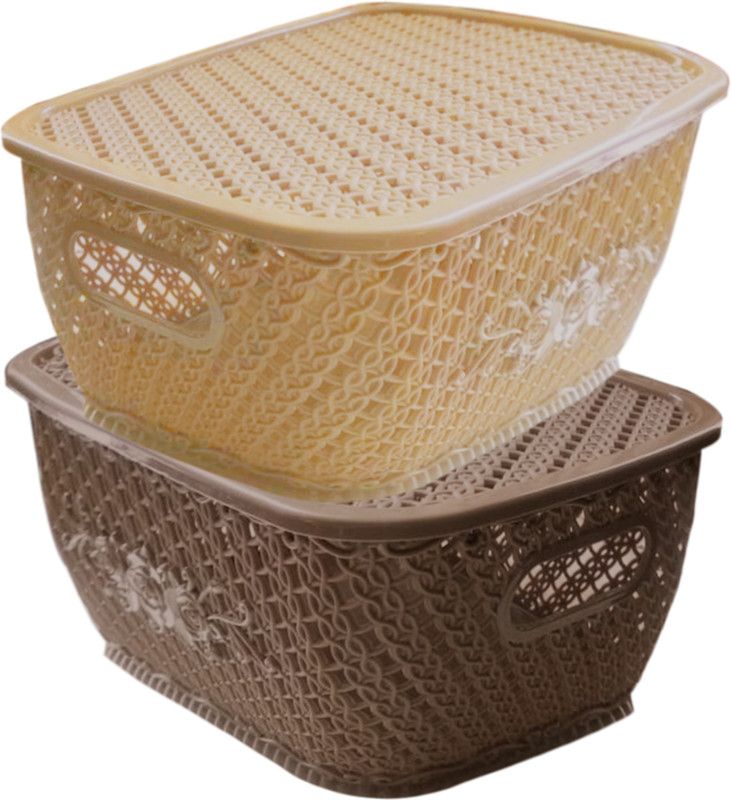 KUBER INDUSTRIES Plastic 2 Pieces Large Size Multipurpose Solitaire Storage Basket for Kitchen, Office, Bedroom, Bath Room with Lid (Coffee & Cream) Storage Basket  (Pack of 2)