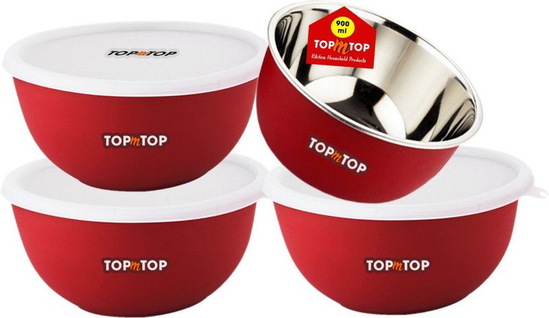 Topmtop Stainless Steel Serving Bowl Microwave Safe bowl set, each 900ml, Pack of 4, (Red)  (Pack of 4, Red)