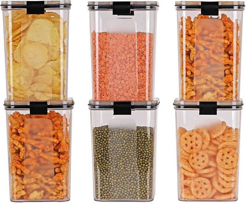 SOCHEP Lock & Lock Food Storage, Snacks, Sugar, Flour, Air Tight Square Shape - 1100 ml Plastic Grocery Container  (Pack of 6, Black)