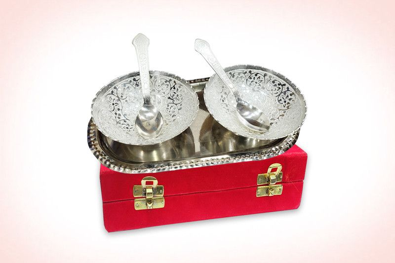 TUNO01 Best Quality German Silver Bowl Spoon and Tray set for gifts Bowl, Tray, Spoon Serving Set  (Pack of 1)