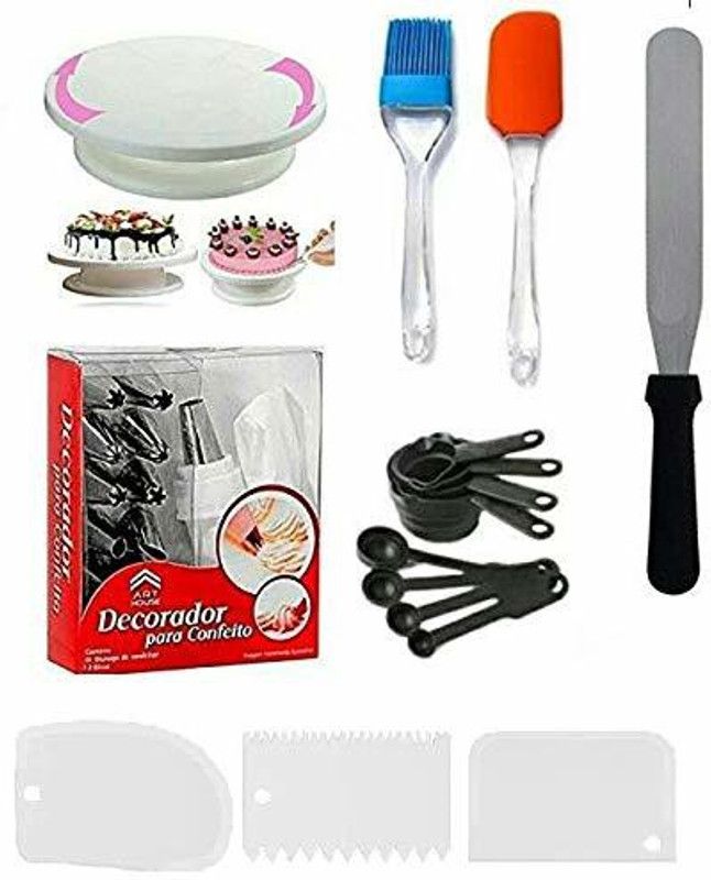Kitch&Cook Cake combo Turntable, 12 decorating tips, measuring cups, 1 set brush and spatula, 1 icing spatula Multicolor Kitchen Tool Set  (Multicolor, Baking Tools)