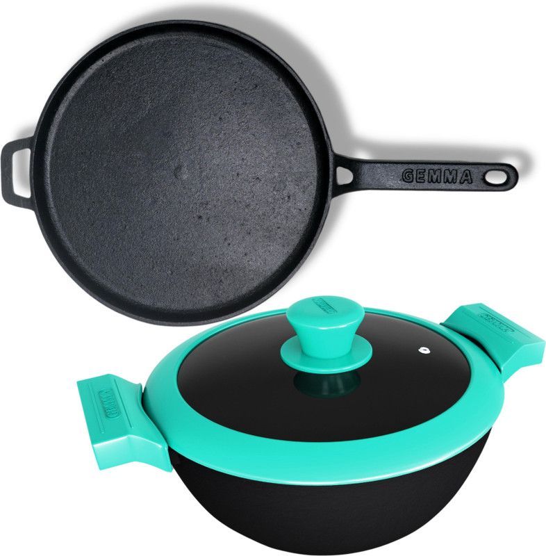 Gemma Combo Of 2, Cast Iron Kadhai With Glass Lid N Cast Iron Dosa Tawa | Black Induction Bottom Non-Stick Coated Cookware Set  (Cast Iron, 2 - Piece)