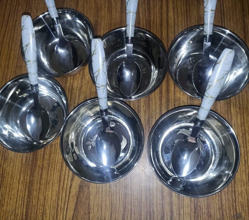 Quity QUITY Serving Bowl & White Ceramic spoon (pack of 12 ) Stainless Steel Serving Bowl  (Steel, Pack of 12)