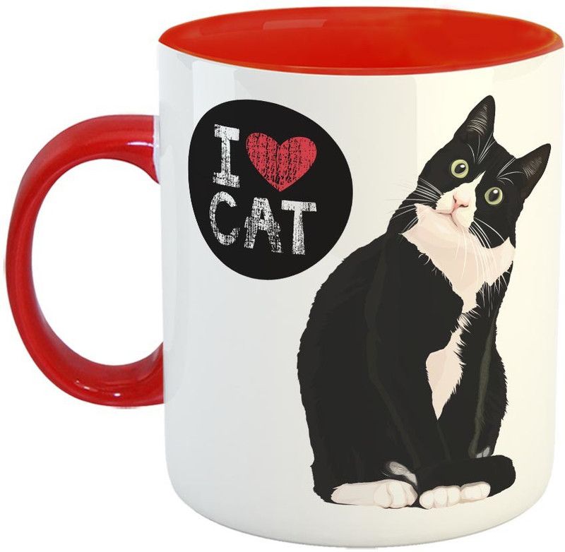 Furnish Fantasy I Love Cat Ceramic Coffee - Best Gift for Kids / Cat Lovers - Color - Red (0958) Ceramic Coffee Mug  (350 ml)